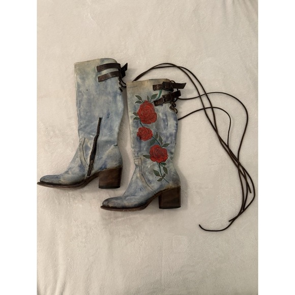 Freebird Cyrus Womens Boots 8 Leather Denim Roses Embroidery Distressed Laces - Picture 3 of 9